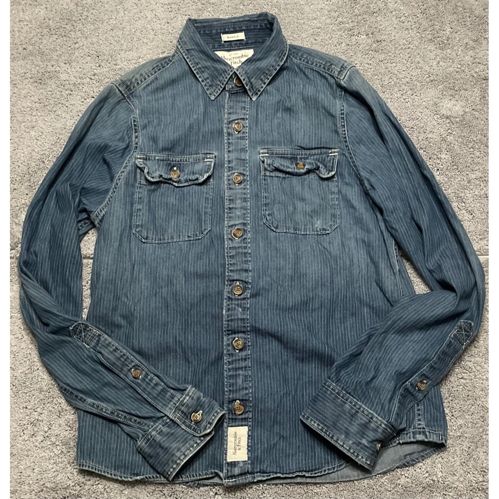 Abercrombie & Fitch Mens Denim Muscle Button Up Distressed Shirt M Y2K western